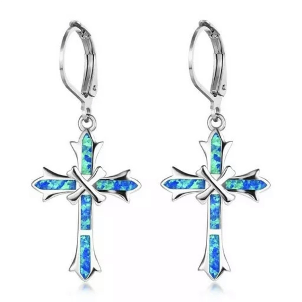 925 Silver Earrings Cross Blue Fire Opal